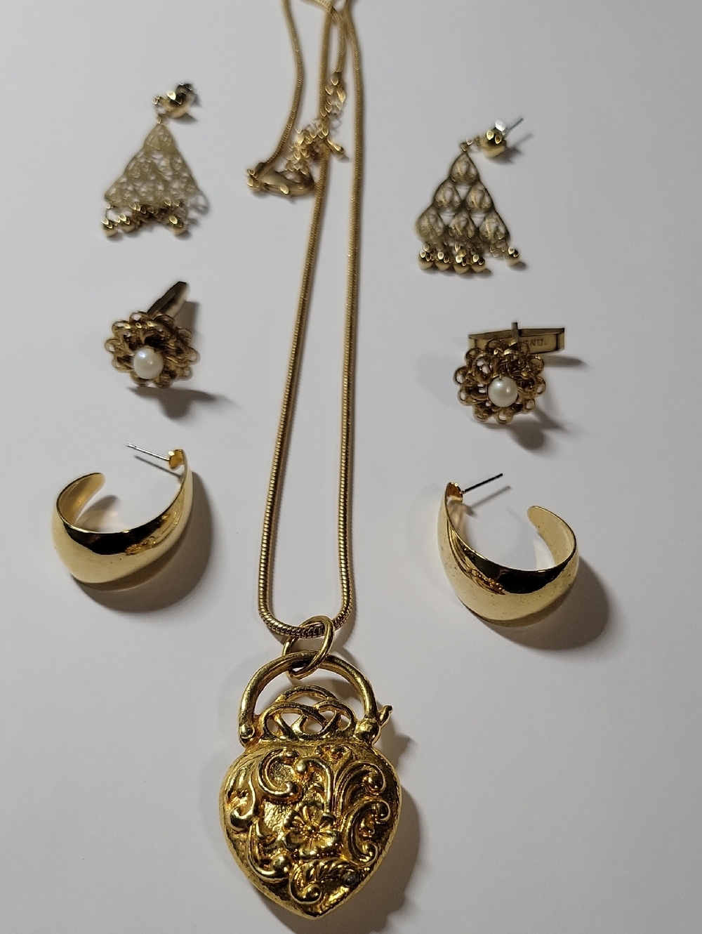 Gold Tone Heart  Necklace with Matching Gold Tone Earrings - Women Jewelry